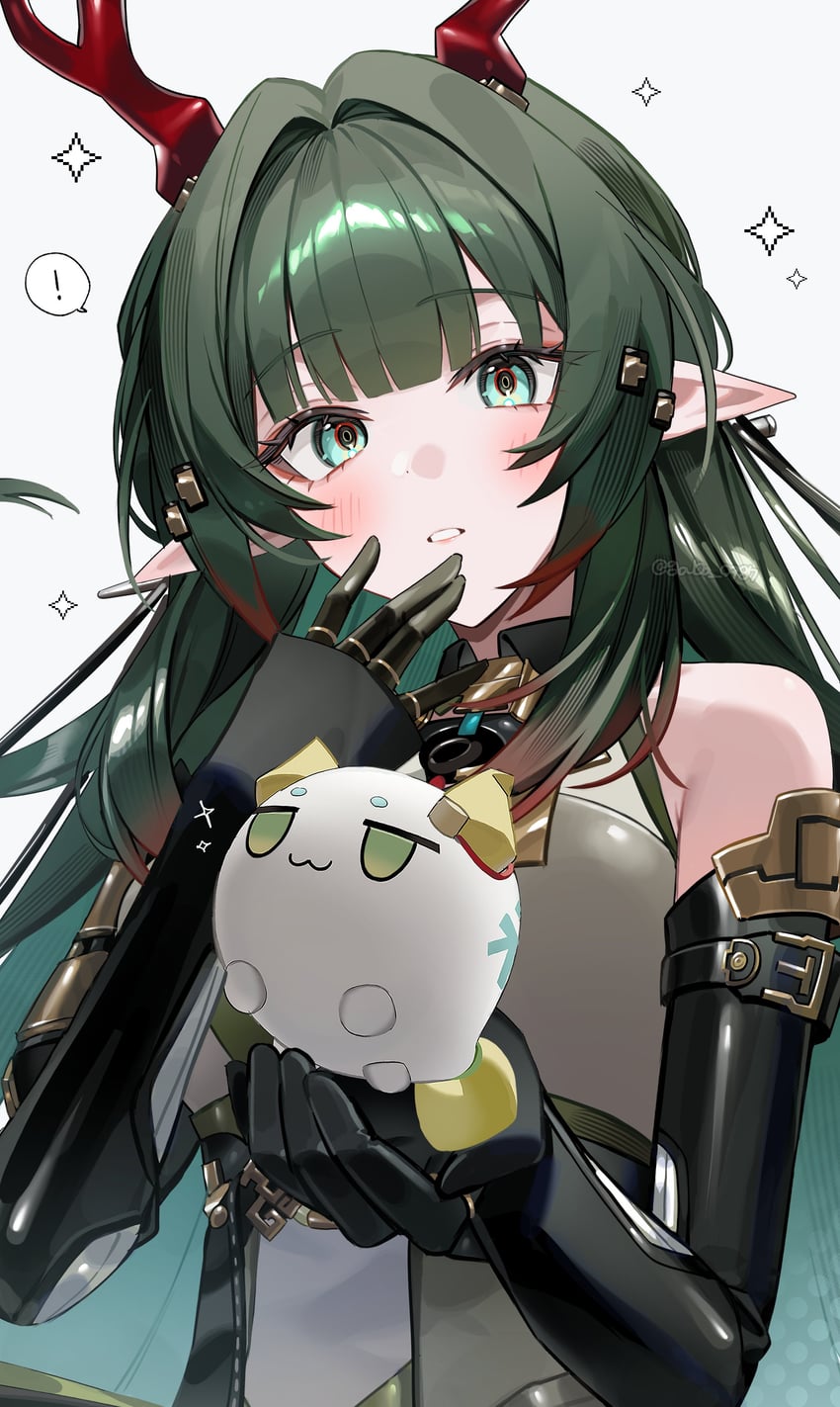 明日方舟、明日方舟：终末地、庄芳怡 (明日方舟) ! 1名女孩 鹿角 黑色手套 发梢染色