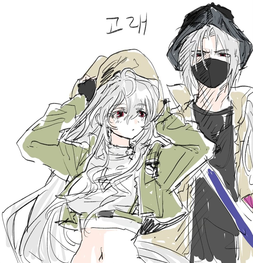明日方舟、斯卡蒂 (明日方舟)、乌尔比安 (明日方舟) 1名男孩 1名女孩 整理衣服 整理头饰 举起双手