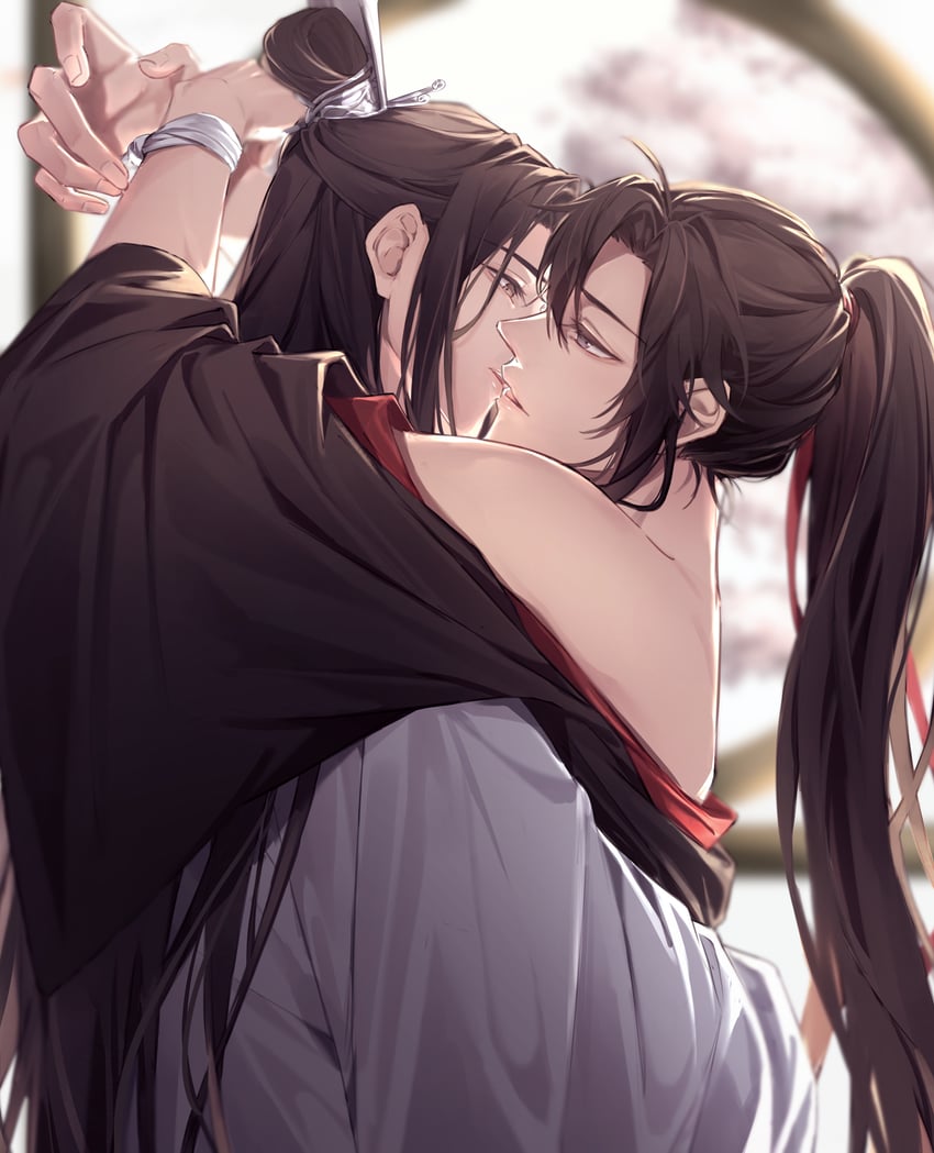 魔道祖师、蓝忘机、魏无羡 2个男孩 呆毛 勾住脖子 露肩 美少年