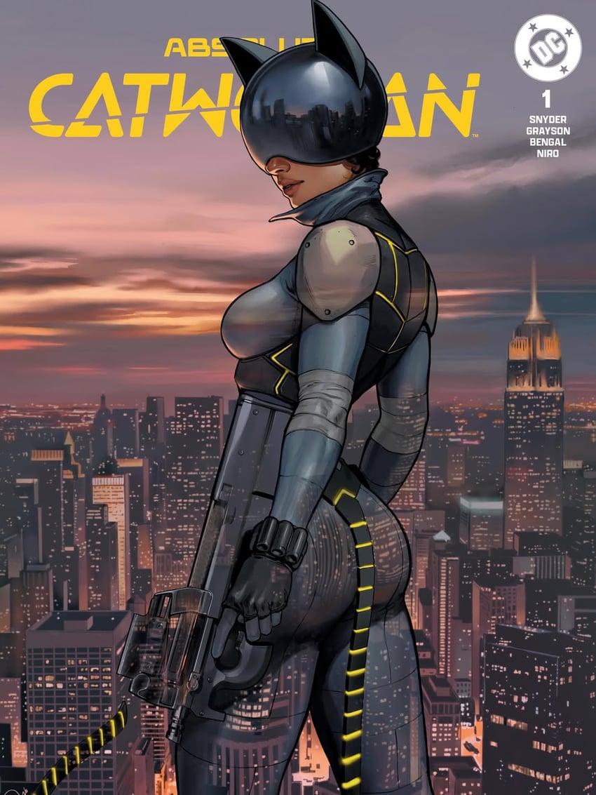绝对蝙蝠侠、Absolute DC、DC漫画 1名女孩 兽耳头盔 动物头盔 手放在身体两侧 屁股