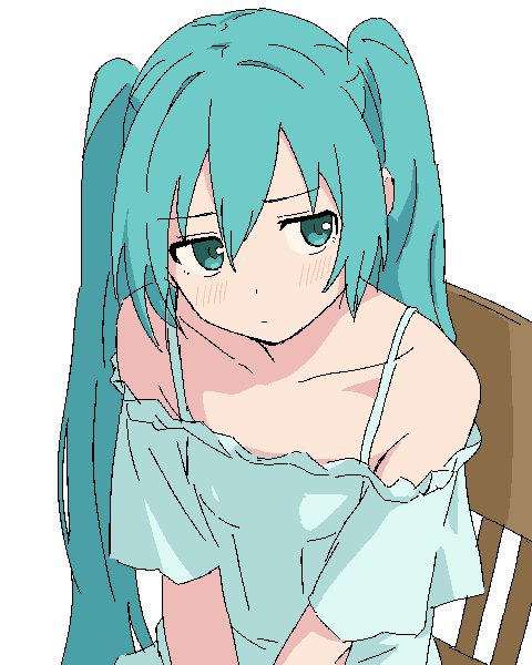 VOCALOID、初音未来 1名女孩 水色瞳 水色发 露肩 脸红