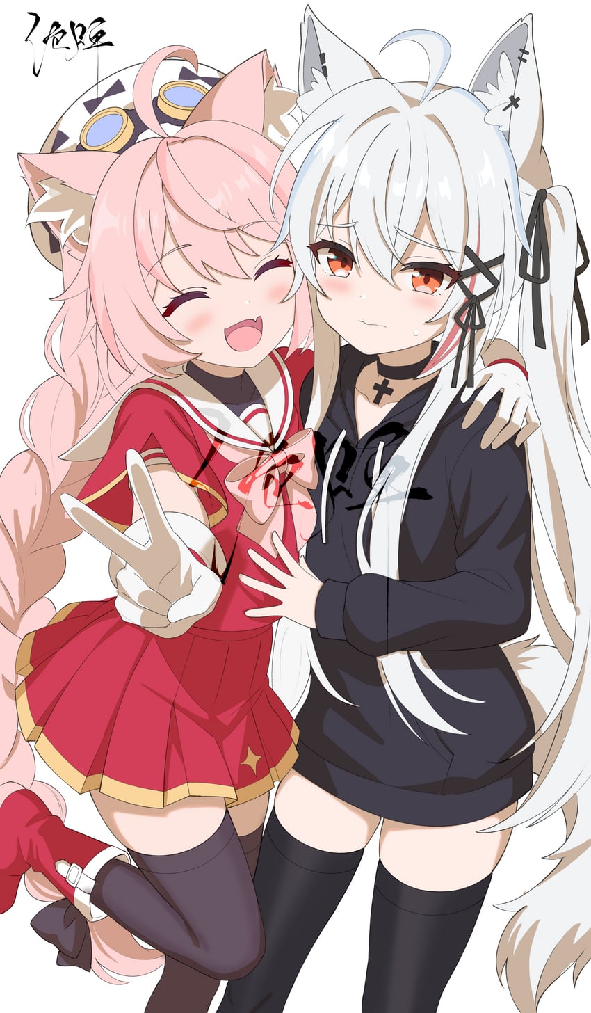 原创 2名女孩 呆毛 兽耳毛 兽耳 贝雷帽