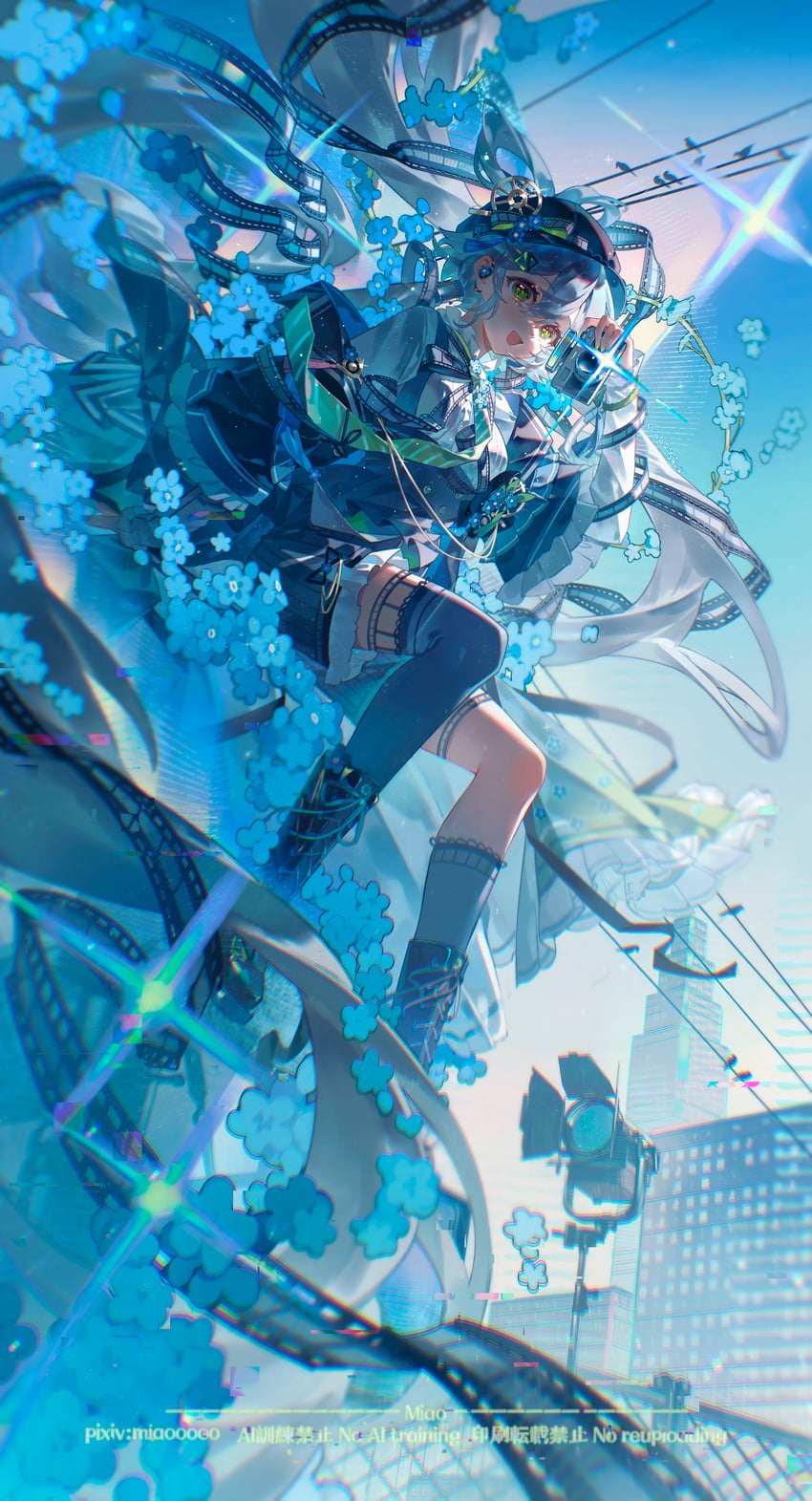 VOCALOID、Vsinger、洛天依 1名女孩 黑色靴子 黑帽子 蓝花 蓝发