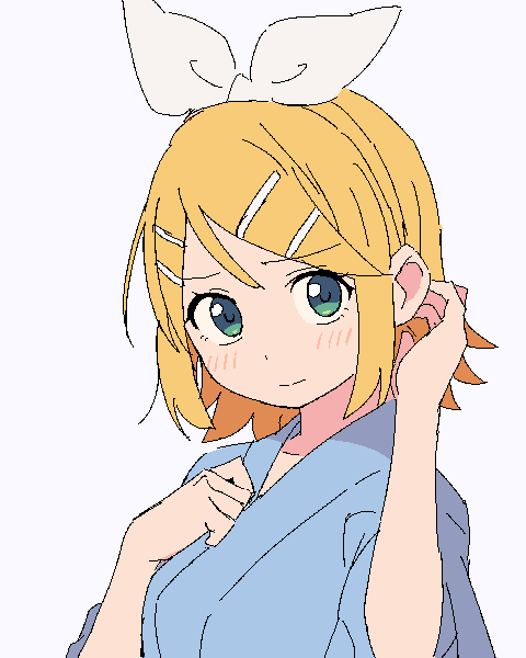 VOCALOID、镜音铃 1名女孩 整理头发 金发 蓝色和服 脸红