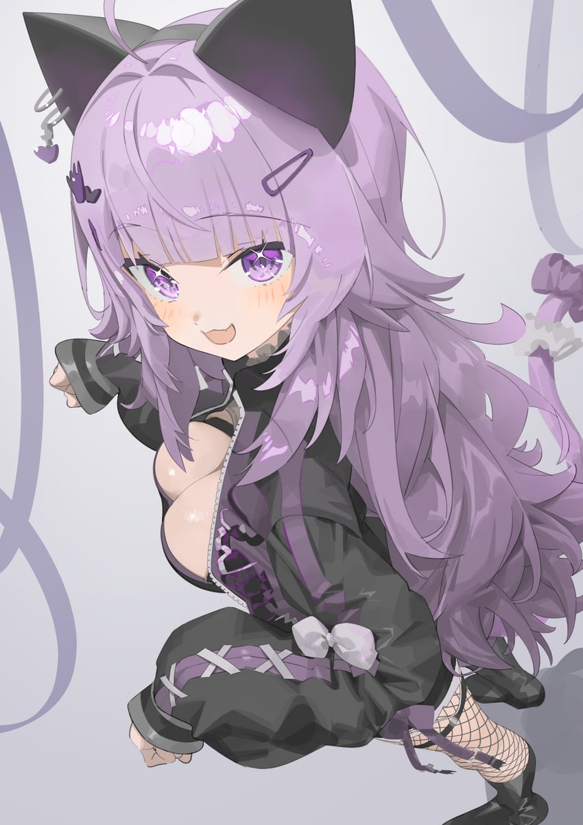 Hololive、猫又小粥、猫又小粥 (辣妹) 1名女孩 呆毛 发型长度变动 (更长) 黑色靴子 黑色夹克