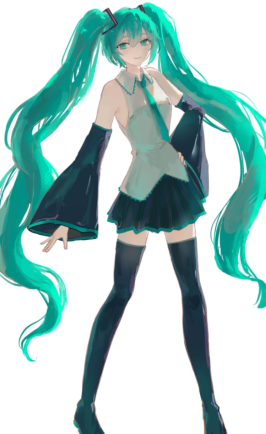 VOCALOID、初音未来 1名女孩 水色瞳 水色发 水蓝色领带 水蓝色饰边