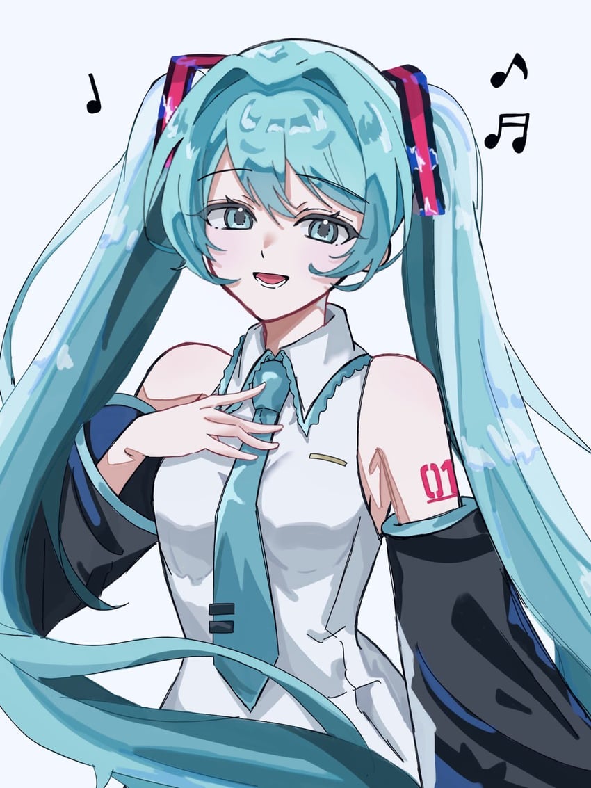 VOCALOID、初音未来 1名女孩 水色瞳 水色发 水蓝色领带 水蓝色饰边