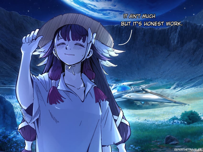 原神、哥伦比娅 (原神) 1名女孩 蓝花 脸红 蝴蝶结 but it's honest work (meme)