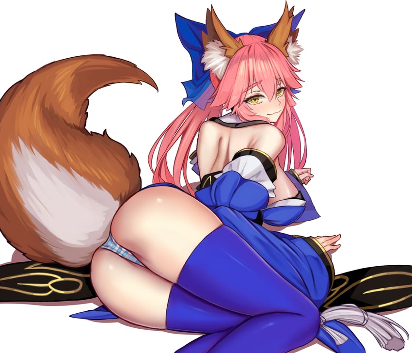 Fate/Extra、Fate系列、玉藻前 (Fate) 1名女孩 兽耳 屁股 蓝色和服 蓝色内裤