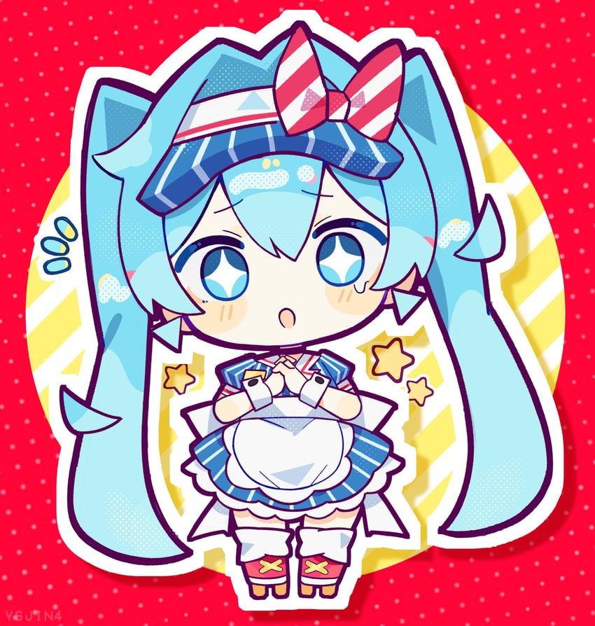 Mesmerizer (Vocaloid)、VOCALOID、初音未来 +_+ 1名女孩 惊讶 围裙 水色瞳