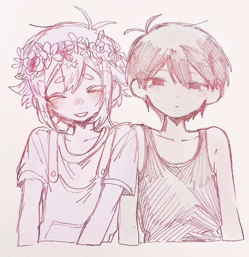OMORI、Basil (梦境世界)、Basil (OMORI) 2个男孩 呆毛 脸红 闭眼 闭嘴
