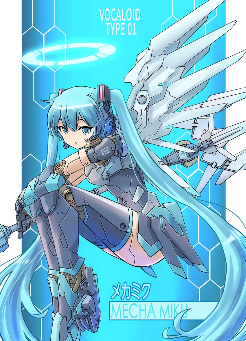 VOCALOID、初音未来 1名女孩 水色瞳 水色发 蓝色背景 角色名称