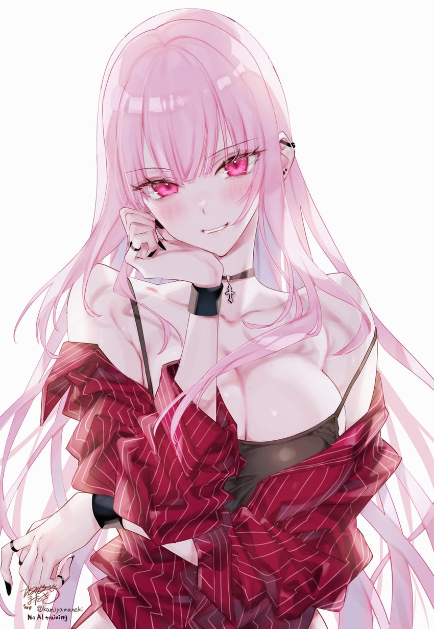 Hololive、Hololive英语、森美声 1名女孩 替换服装 杠铃穿刺 黑吊带背心 黑色项圈