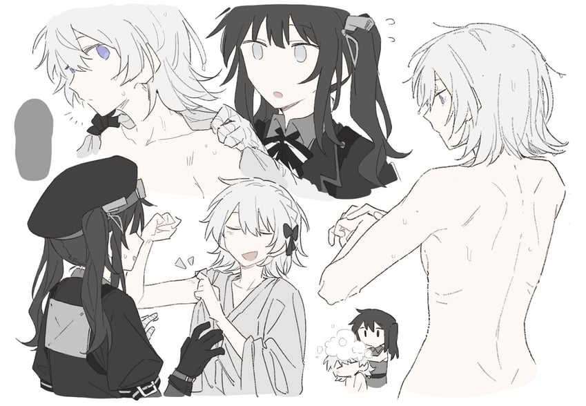魔法少女的小镇审判、kurobe honoka、黑部奈乃花 2名女孩 缠绷带的手 绷带 裸背 黑色蝴蝶结