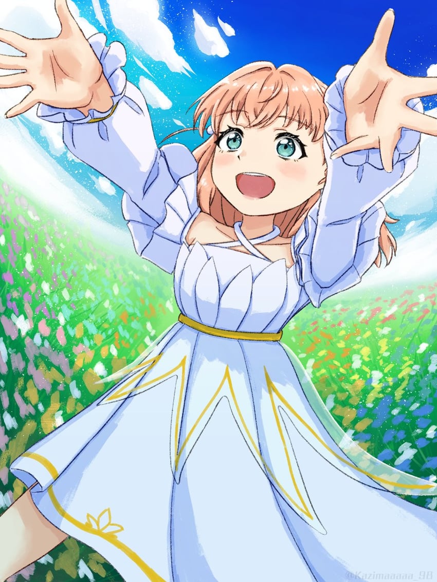 在光芒中花朵盛开、Love Live!、Love Live! 莲之空女学院学园偶像部 1名女孩 :D 水色瞳 举起双手 蓝天