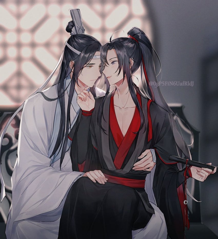 魔道祖师、蓝忘机、魏无羡 2个男孩 呆毛 美少年 黑发 黑色汉服