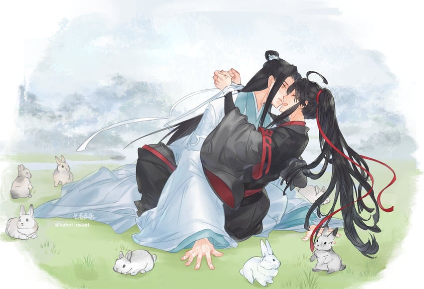 魔道祖师、蓝忘机、魏无羡 2个男孩 呆毛 动物 黑发 黑色汉服