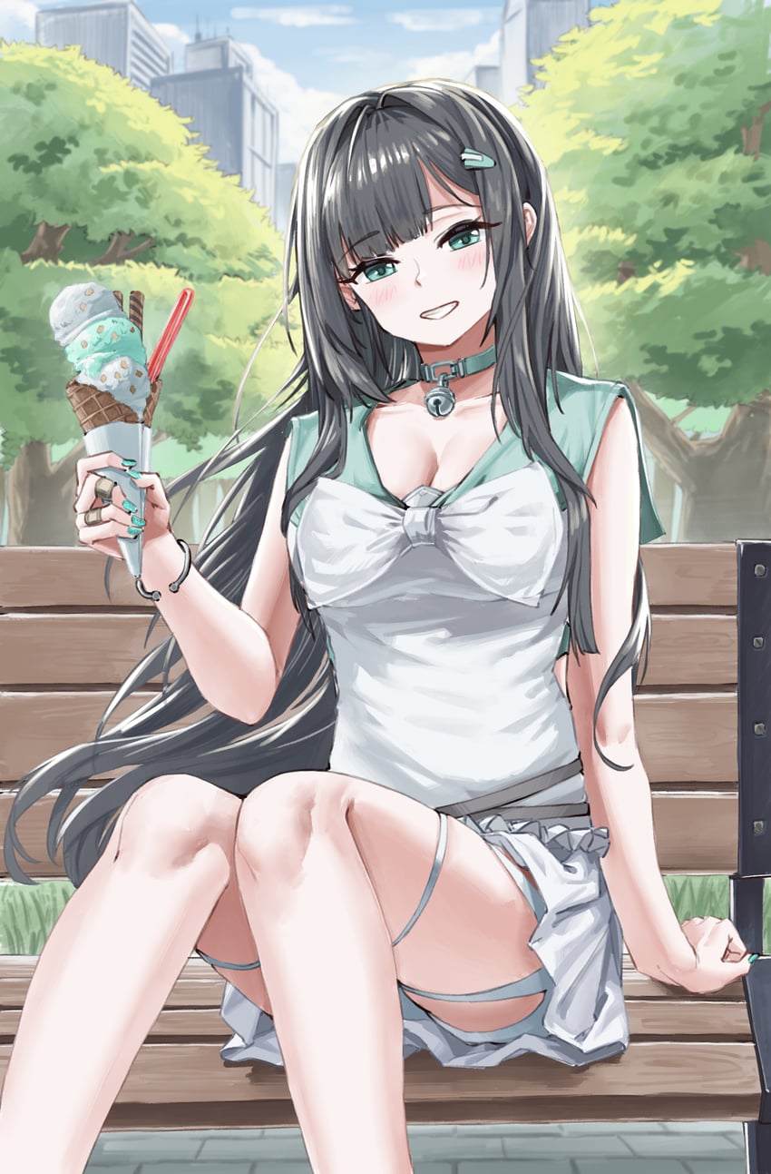 胜利女神：妮姬、薄荷 (清新薄荷) (胜利女神：妮姬)、薄荷 (妮姬) 1名女孩 水色瞳 黑发 乳房 建筑物