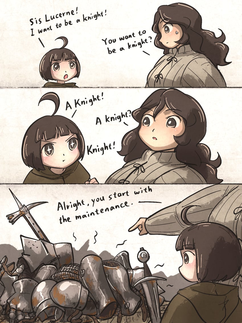 中庸修道会修女 (IronLily)、呆毛页 (Ironlily)、卢塞恩女士 (Ironlily) +_+ 2名女孩 三格漫画 呆毛 脸红