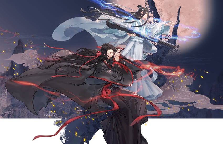 魔道祖师、蓝忘机、魏无羡 2个男孩 呆毛 气场 黑发 黑色汉服