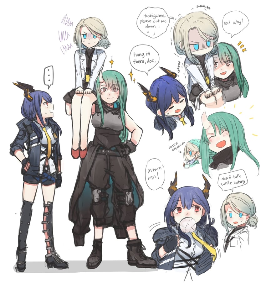 明日方舟、原创、陈 (明日方舟) 3人女子 兽耳 黑色大衣 黑色夹克 黑色短裤