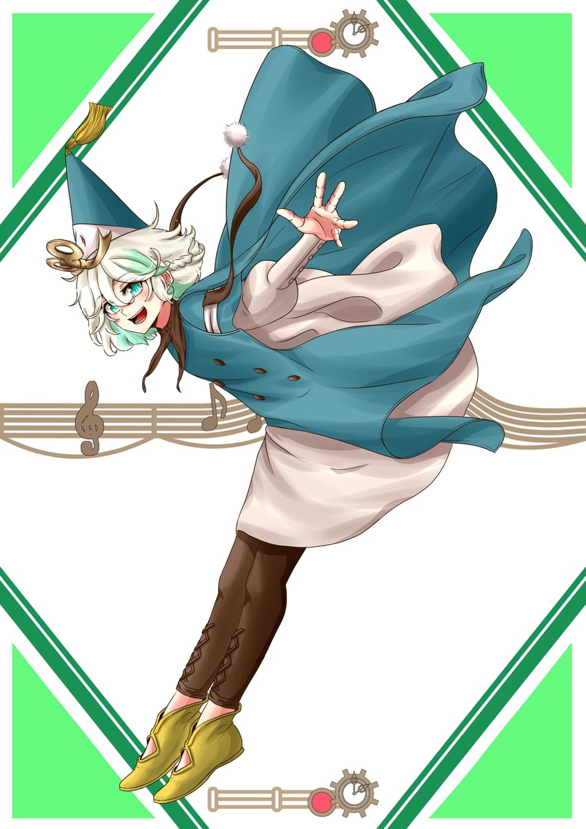 Hololive、Hololive英语、魔法帽的小工坊 1名女孩 水色披风 水色瞳 水蓝色帽子 弯腰