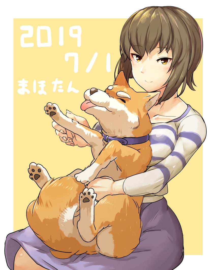 少女与战车、西住家的狗、西住真穗 1名女孩 动物 生日 蓝裙子 乳房