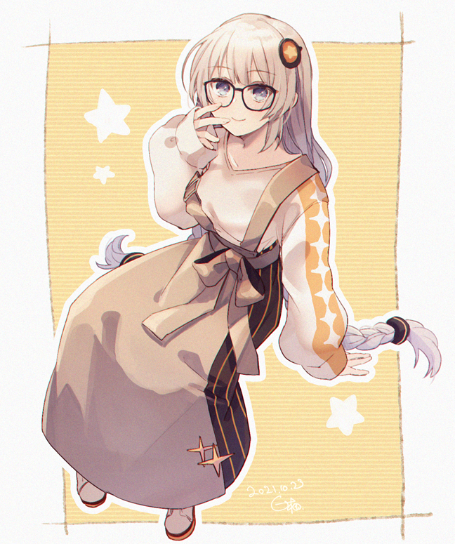 AI语音、VOCALOID、VOICEROID 1名女孩 蓝眼 边框 棕色裙子 闭嘴