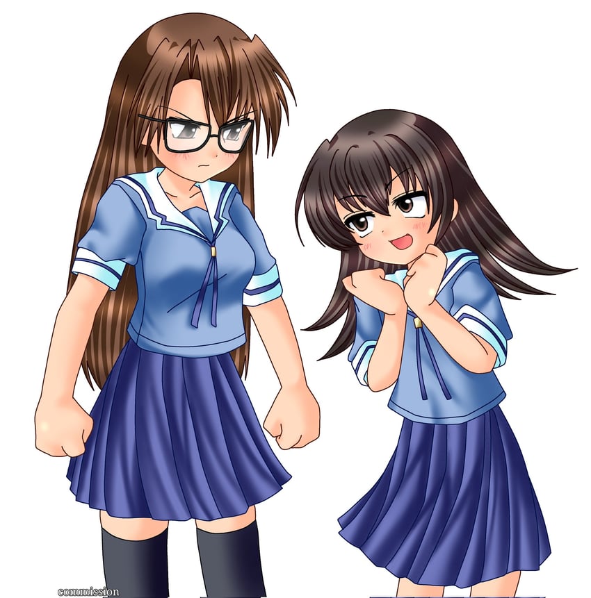 阿兹漫画大王、水原历、泷野智 2名女孩 生气 阿兹漫画大王校服 蓝色夹克 蓝裙子
