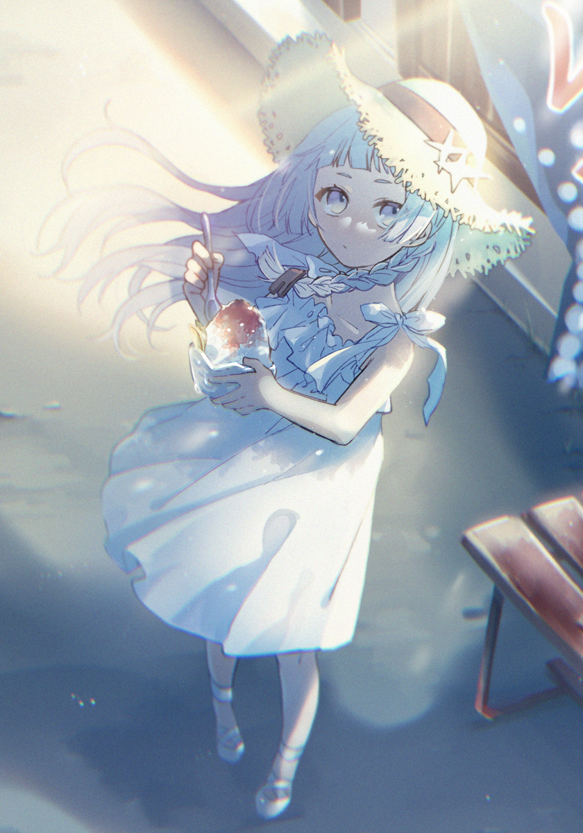 VOCALOID、VOICEROID、紲星灯 1名女孩 裸臂 露肩 蓝眼 齐刘海