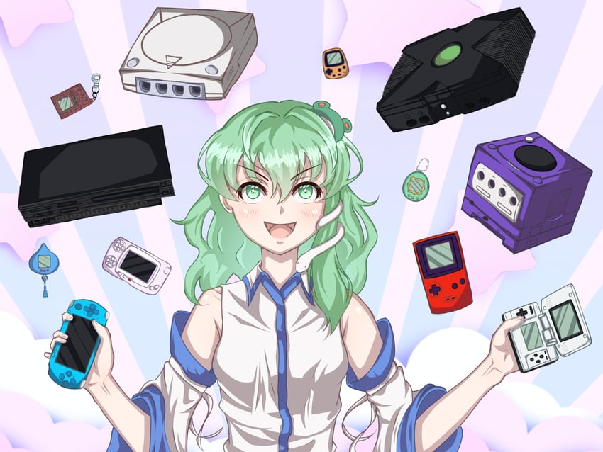 拓麻歌子、东方Project、东风谷早苗 1名女孩 :D 脸红 有领衬衫 露肩袖
