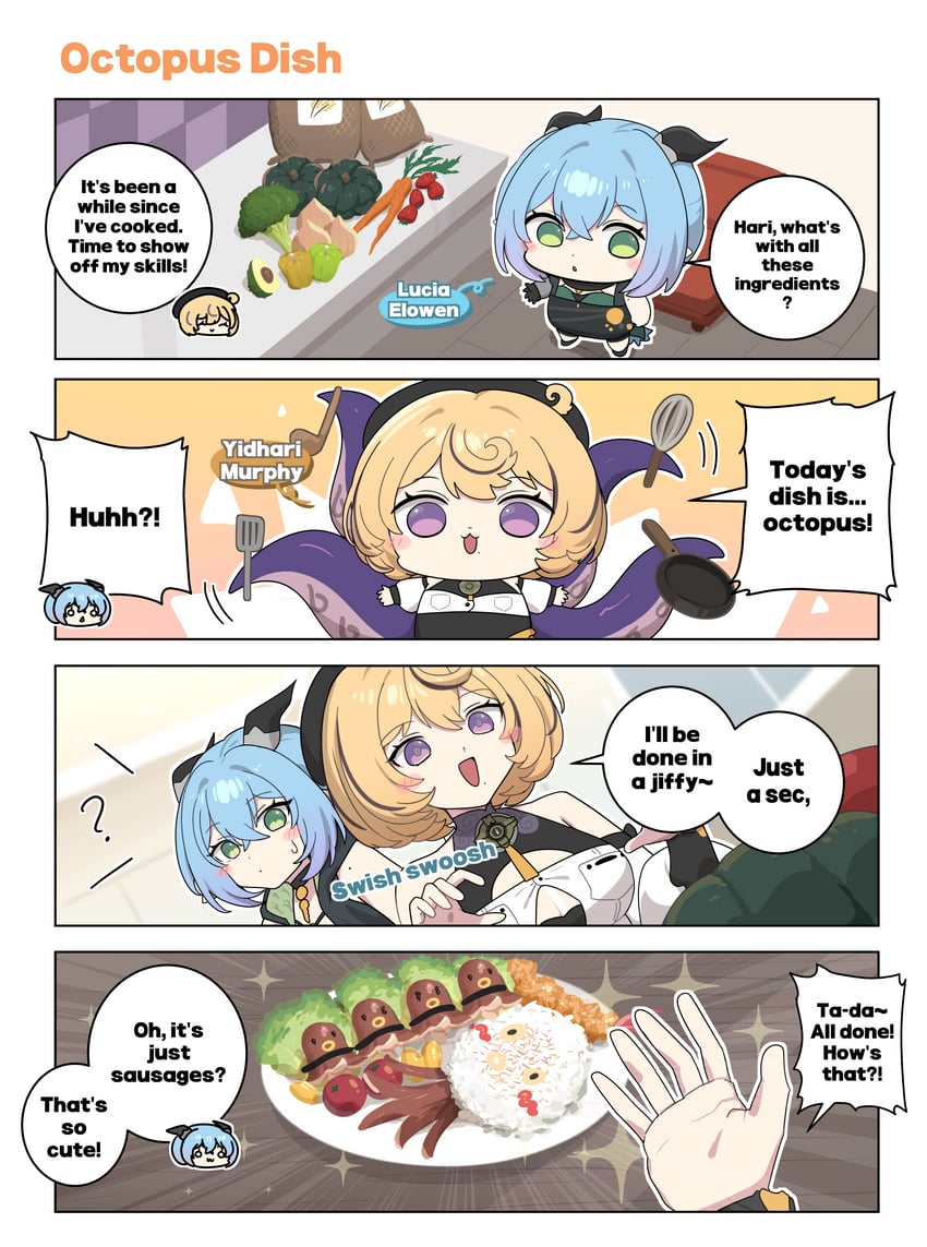绝区零、露西亚·埃洛文、梦之女巫 (第五人格) 2名女孩 四格漫画 猫脸笑 惊讶 牛油果切片
