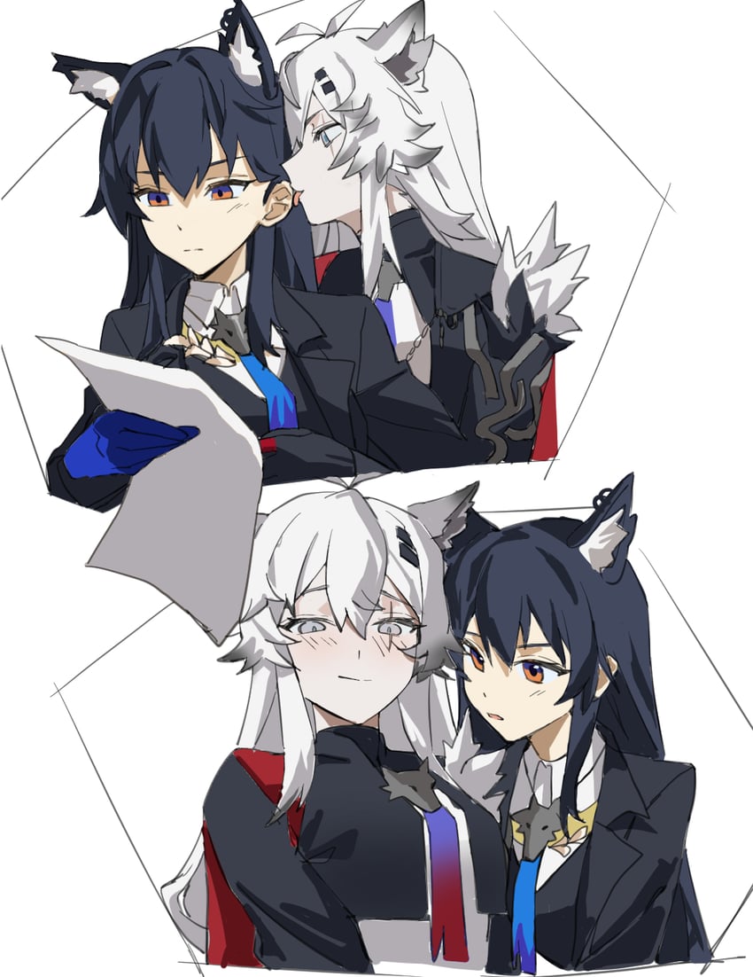 明日方舟、拉普兰德 (明日方舟)、荒芜拉普兰德 (明日方舟) 2名女孩 兽耳毛 兽耳 黑色夹克 黑衬衫