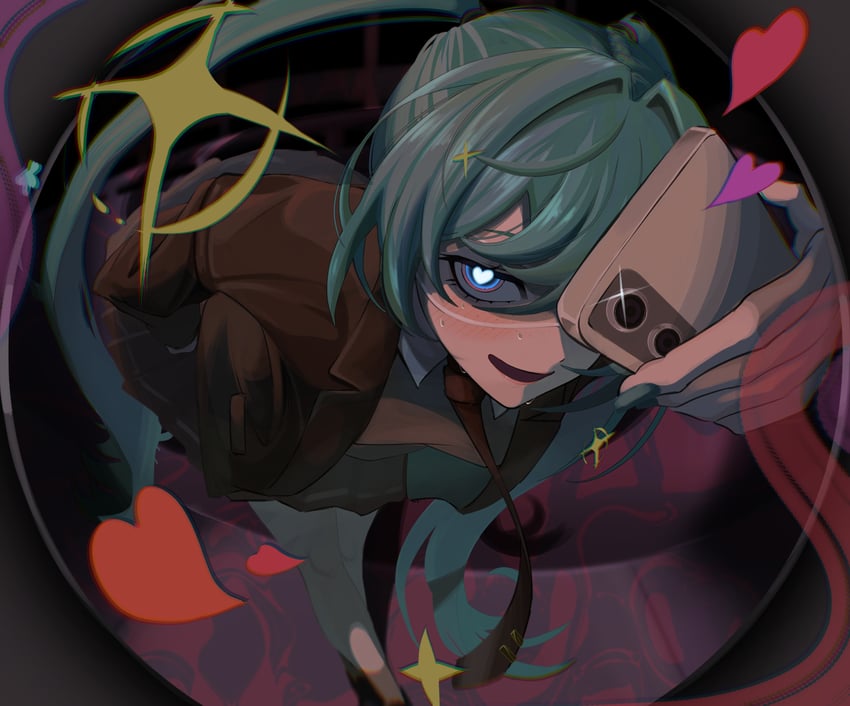 监控 (Vocaloid)、VOCALOID、初音未来 1名女孩 水色发 水蓝色指甲 黑色裙子 蓝眼