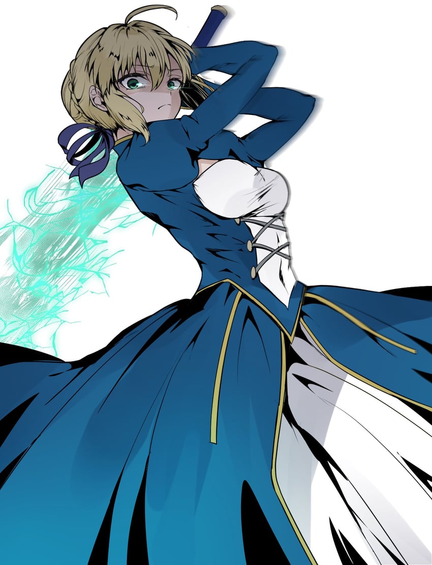 Fate/stay night、Fate系列、阿尔托莉雅·潘德拉贡 (Fate) 1名女孩 呆毛 金发 蓝色连衣裙 蓝色丝带