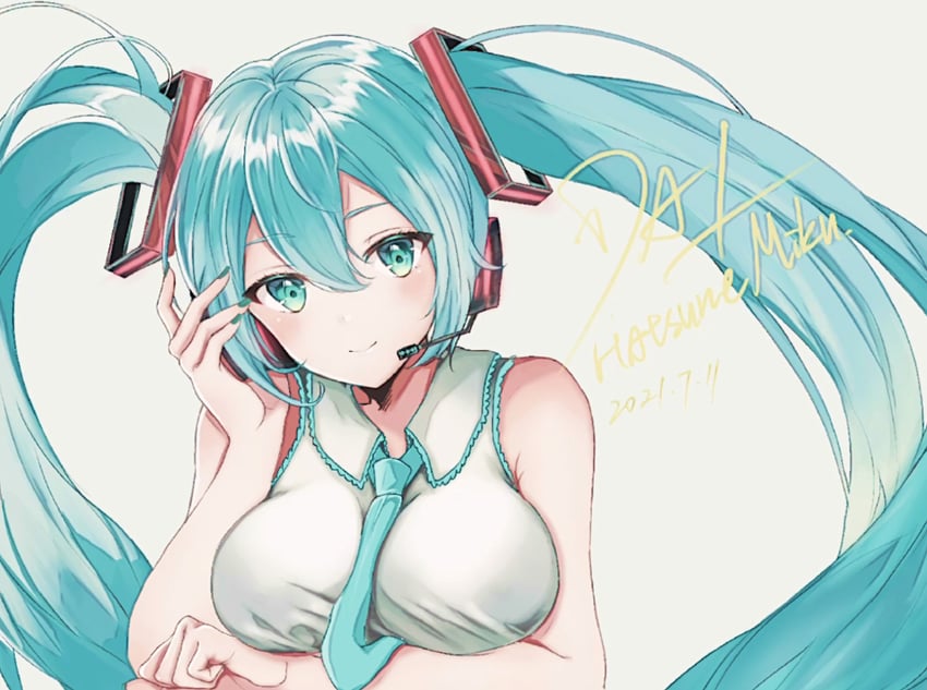 VOCALOID、初音未来 1名女孩 手臂托在乳房下 裸臂 蓝眼 蓝发