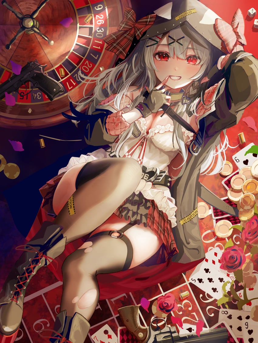 Hololive、沙花叉克萝耶 1名女孩 贝雷塔92 黑色靴子 黑色吊袜带 黑色手套