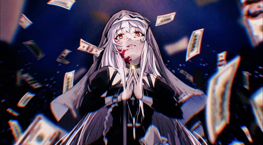 原创 1名女孩 钞票 黑色连衣裙 黑面纱 血