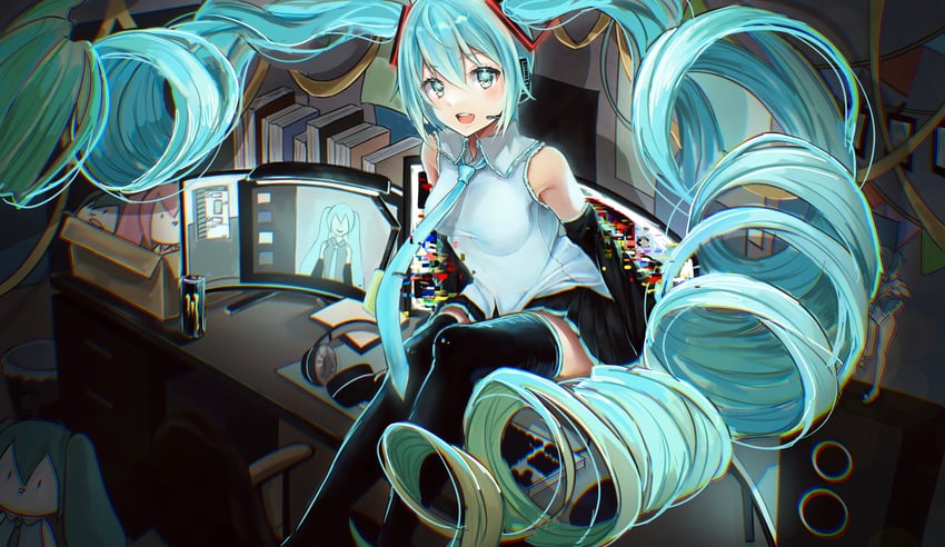 VOCALOID、初音未来 1名女孩 荒谬的长发 露肩 黑色过膝袜 蓝眼
