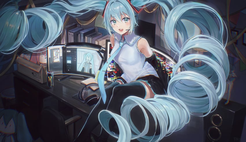 VOCALOID、初音未来 1名女孩 荒谬的长发 露肩 黑色过膝袜 蓝眼