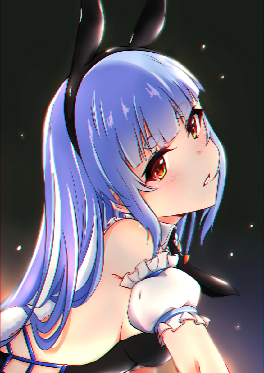 Hololive、兔田佩克拉、兔田佩克拉 (Furi Furi 兔女郎) 1名女孩 兽耳 黑色紧身连体衣 黑色领带 蓝发