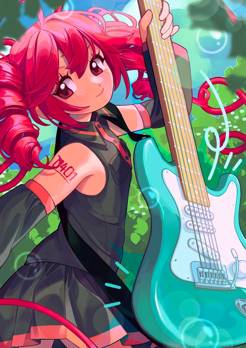 UTAU、重音Teto 1名女孩 举手 露肩 蓝天 气泡