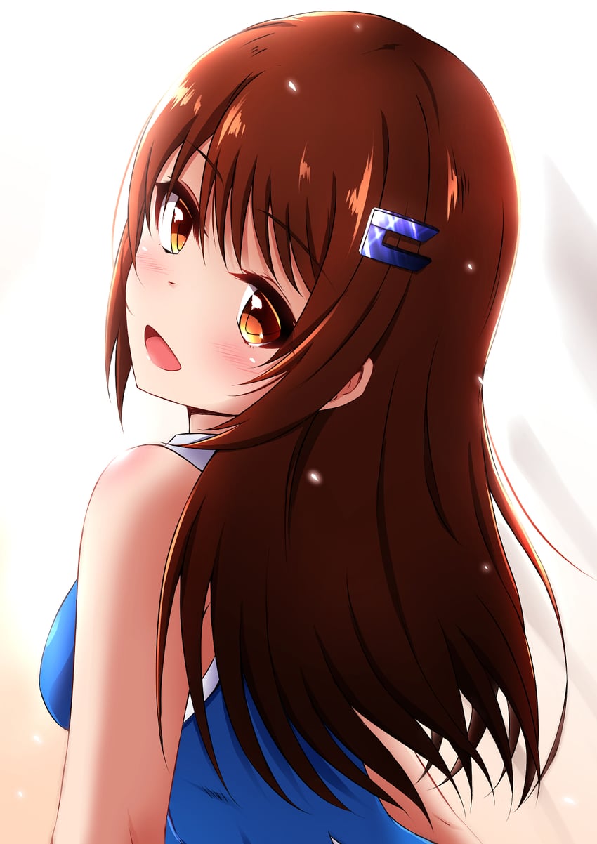Hololive、时乃空、时乃空 (旧设计) 1名女孩 蓝色背心 脸红 棕眼睛 棕发