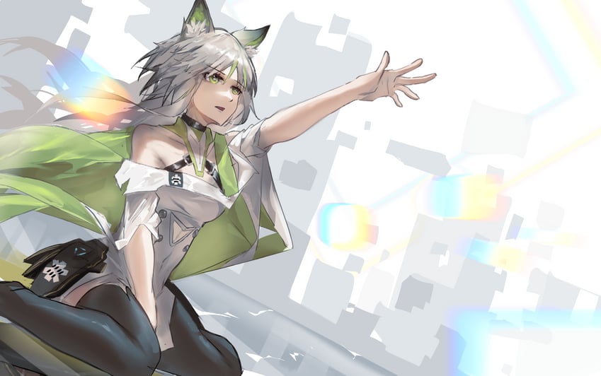 明日方舟、凯尔希 (明日方舟)、凯尔希·艾斯帕兰塔 (明日方舟) 1名女孩 兽耳毛 兽耳 露肩 黑色项圈