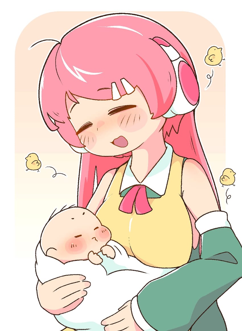 UTAU、桃音桃 1名女孩 猫脸笑 无语 婴儿 背小孩 / 抱婴儿