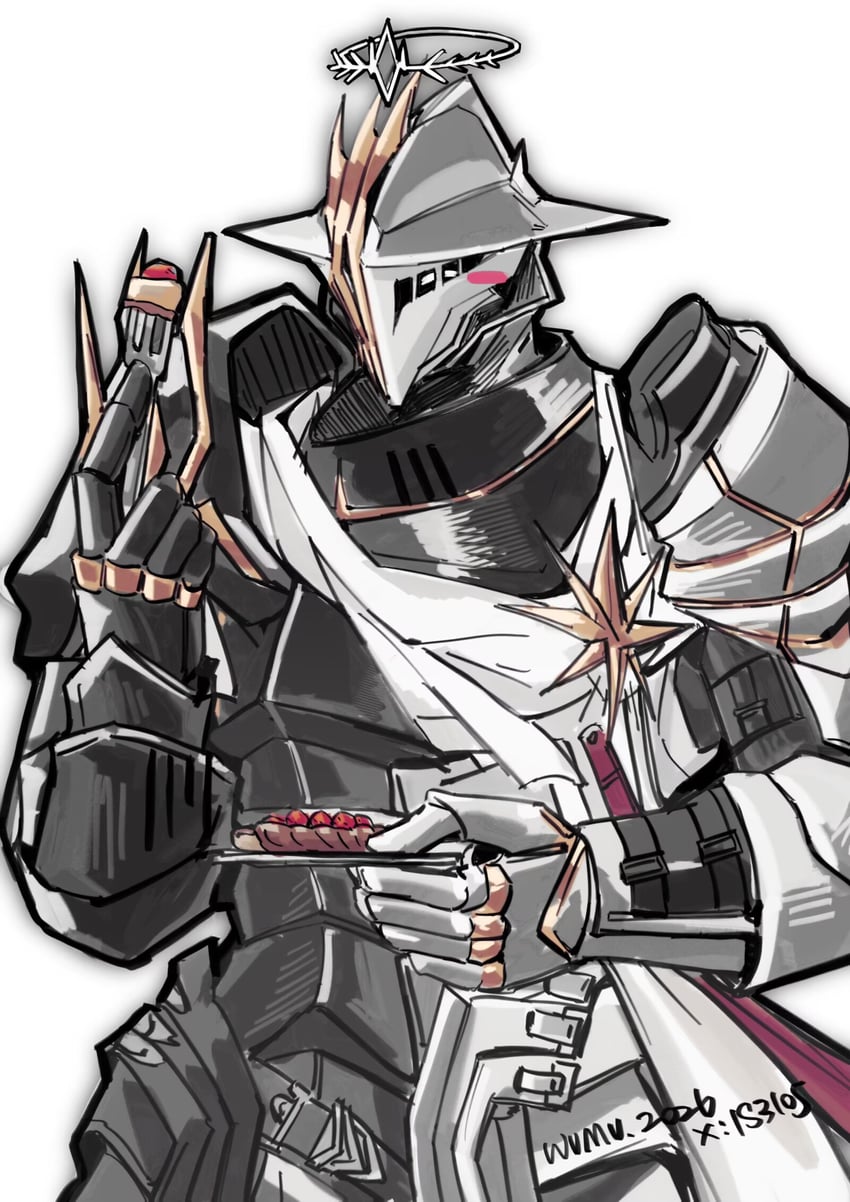 明日方舟、圣徒米克萨帕拉托 (明日方舟)、sankta miksaparato (caelum aeternum) (arknights) 1名男孩 铠甲 蛋糕 食物 叉子