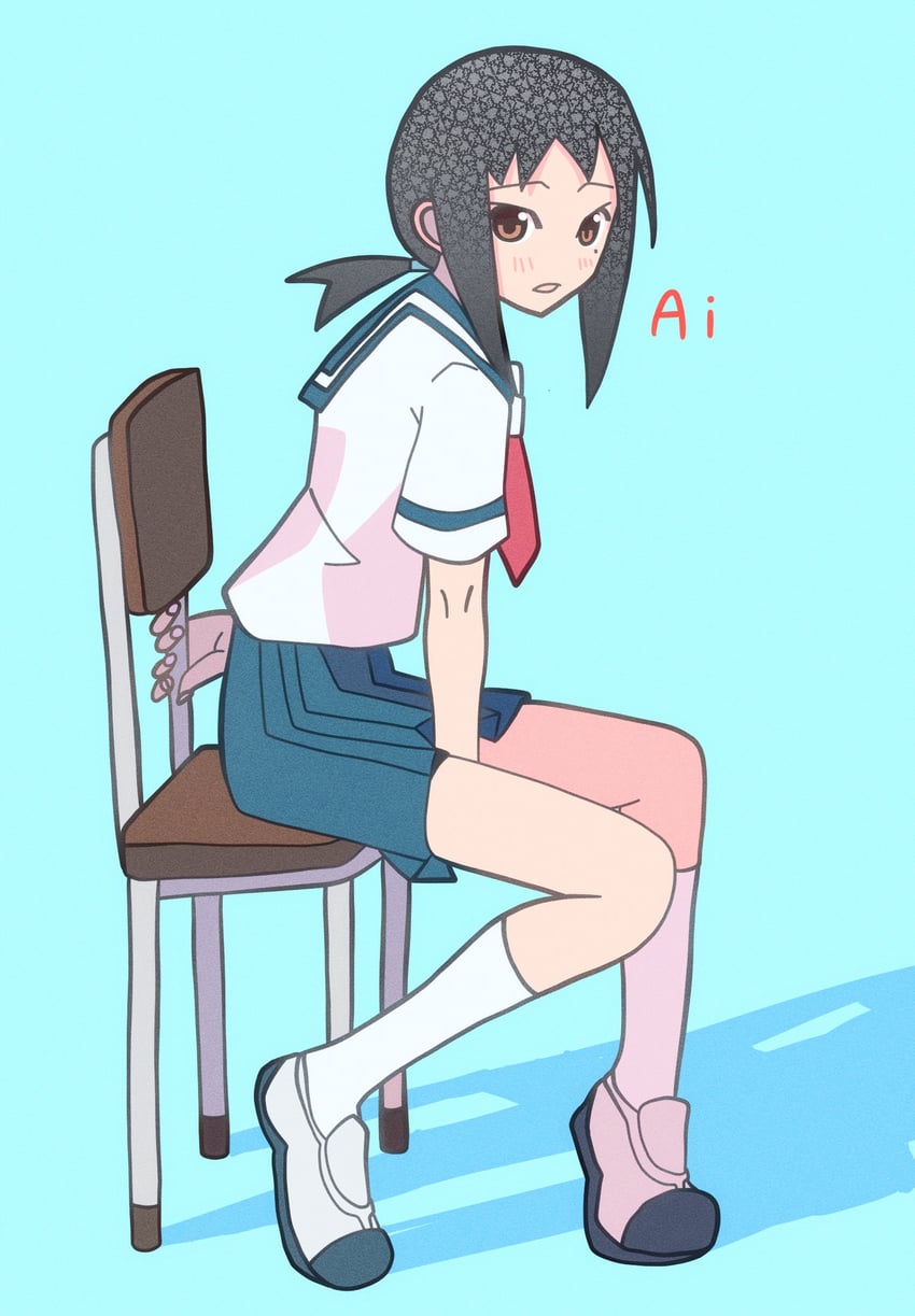 再见！绝望先生、加贺爱 1名女孩 水色背景 黑发 蓝色水手领 蓝裙子