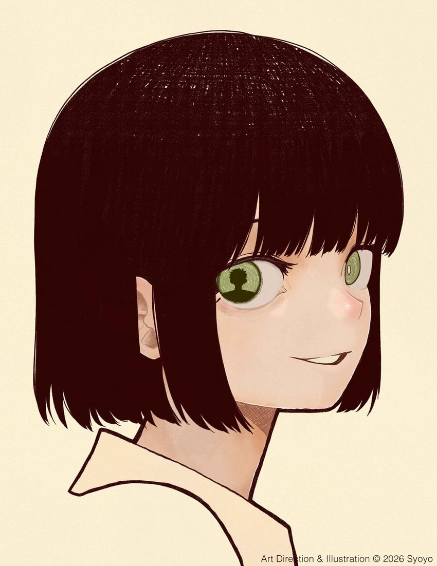 原创 1名女孩 作者名 黑发 绿眼 看向观众