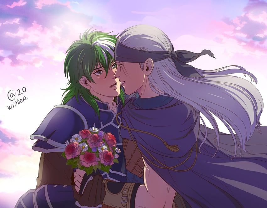 火焰纹章、火焰之纹章：烈火之剑、火焰之纹章：风花雪月 2个男孩 花束 绿眼 绿发 头带