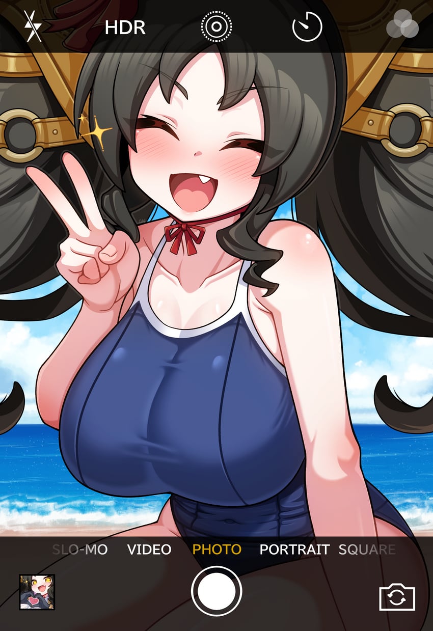 赛马娘、美妙周日 (赛马娘) 1名女孩 兽耳 海滩 黑发 蓝色连体泳衣